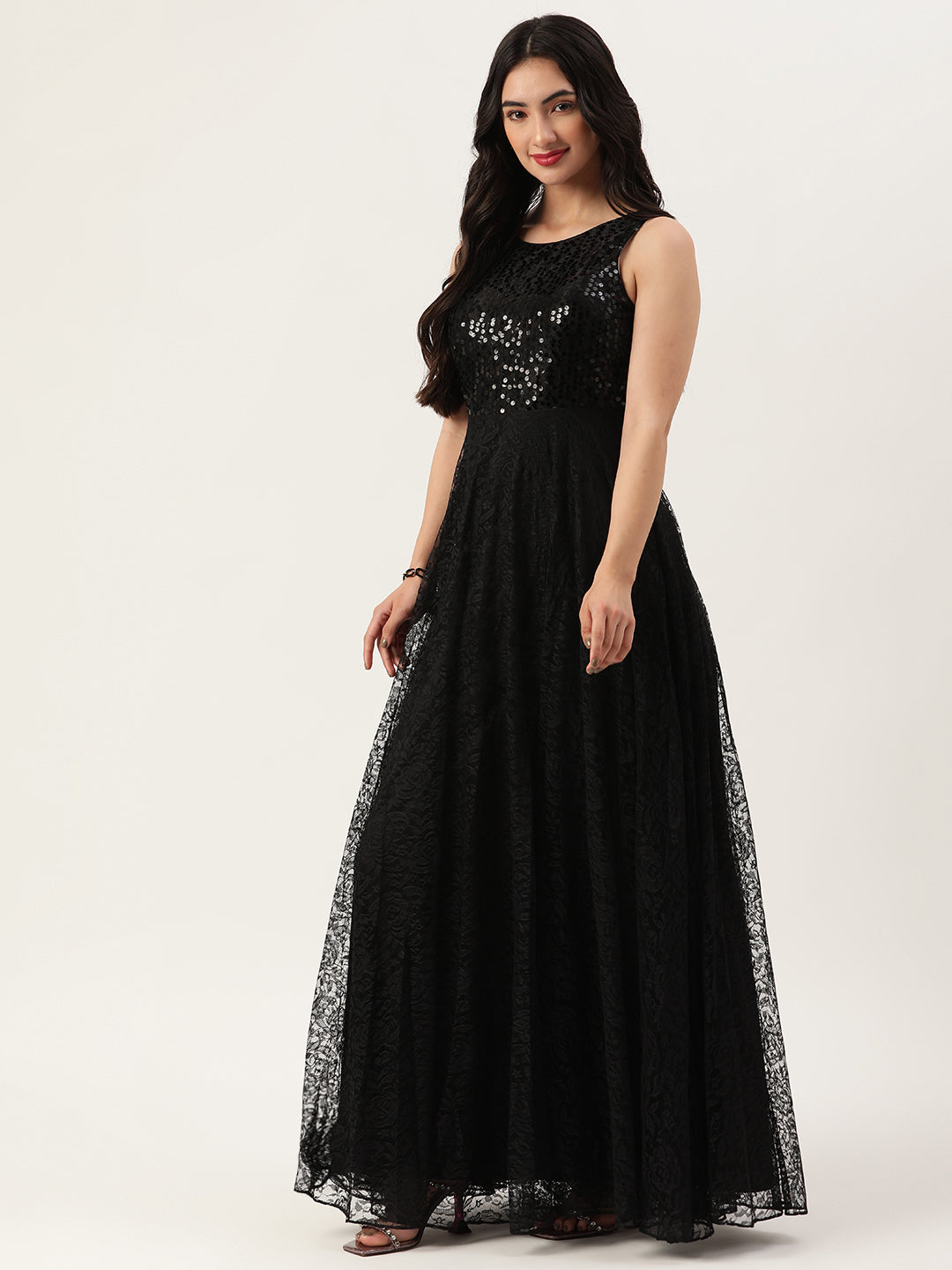Designer Black Banarasi Silk South indian style Full Flare Long Gown F